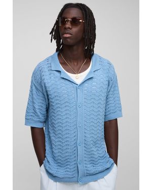 Boohoo Relaxed Fit Scallop Knitted Shirt - Blue