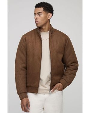 BoohooMAN Regular Fit Textured Sleeve Faux Suede Funnel Neck Jacket - Brown