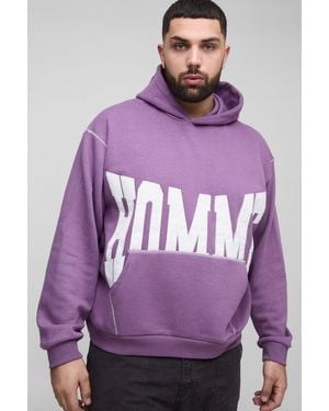 BoohooMAN Plus Oversized Boxy Twill Applique Contrast Stitch Hoodie - Purple