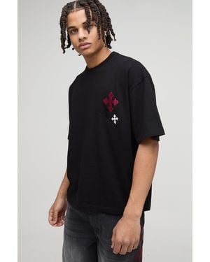 BoohooMAN Oversized Boxy Embroidered Cross T-Shirt - Black