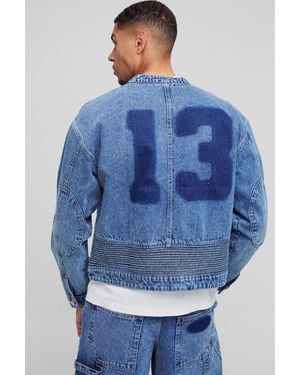 Boohoo Denim Varsity Boxy Biker Eyelet Detail Jacket - Blue