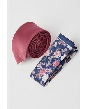 BoohooMAN Slim Tie With Floral Square - Pink