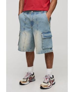 BoohooMAN Regular Fit Washed Cargo Carpenter Denim Jorts - Blue
