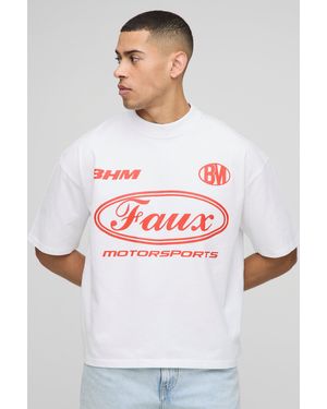 Boohoo Oversized Boxy Extended Neck Moto Faux Graphic T-Shirt - White