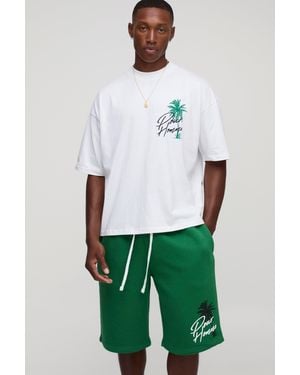 BoohooMAN Oversized Boxy Extended Neck Print T-shirt And Short Set - Green