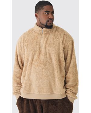 BoohooMAN Plus kastiger Oversize Borg-Sweatshirt mit 1/4 Reißverschluss - Natur