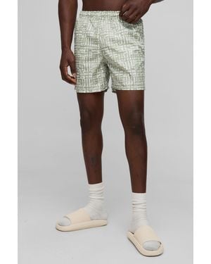 BoohooMAN Plaid Stripe Printed Mid Length Swim Trunks - Natural