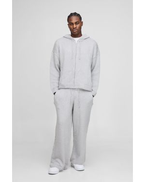 BoohooMAN Oversized Boxy Fluffy Zip Through Knitted Hooded Tracksuit - Grey