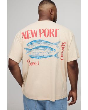 BoohooMAN Plus Oversized New Port Print T-Shirt - Natural