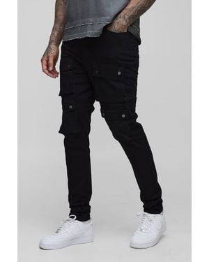 BoohooMAN Tall Fixed Waist Multi Cargo Skinny Cargo Pants - Black