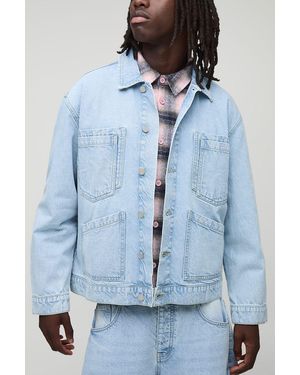 BoohooMAN Regular Fit Multi Pocket Denim Harrington Jacket - Blue