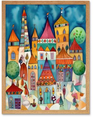 BoohooMAN Artery8 Wall Art Print Town Market Square Afternoon Shoppers Folk Art Watercolour Painting Art Framed - Blue