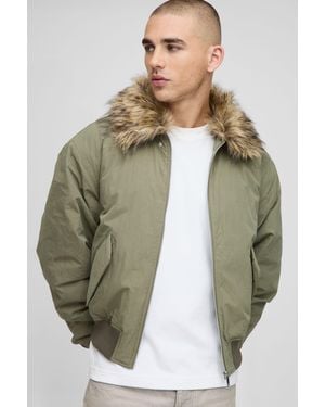 Boohoo Regular Fit Faux Fur Collar Nylon Bomber Jacket - Verde