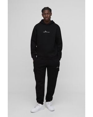 BoohooMAN 330gsm BM Signature Cargo-Trainingsanzug mit Kapuze - Schwarz