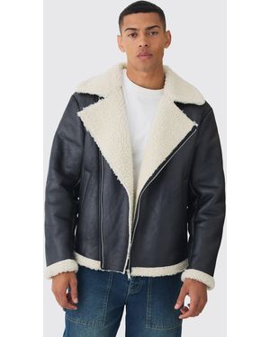 BoohooMAN Faux Suede Borg Collar Aviator Jacket - Black