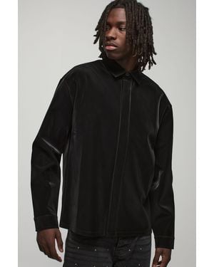 BoohooMAN Oversized Concealed Placket Collared Liquid Matte Pu Shirt - Black