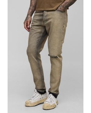BoohooMAN Tall Slim Fit Subtle Ripped Tinted Jeans With Let Down Hem - Natural