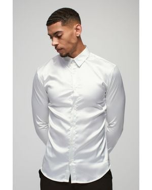 BoohooMAN Long Sleeve Stretch Fit Satin Shirt - Gray