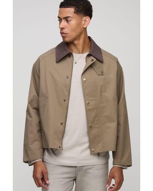 BoohooMAN Cord Collar Embroidered Worker Jacket - Brown