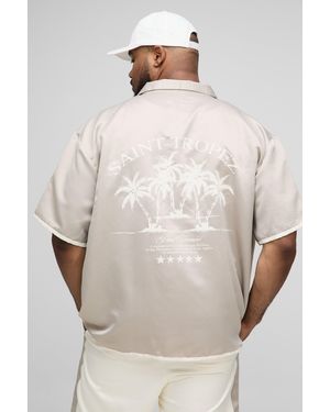 BoohooMAN Plus Oversized Satin Saint Tropez Printed Shirt & Short Set - Natural