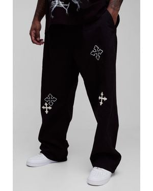 BoohooMAN Plus Cross Applique Relaxed Fit Pants - Black