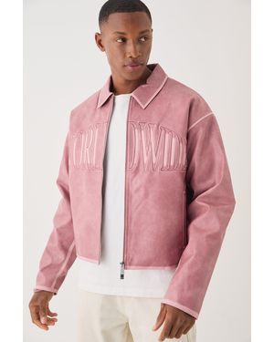 BoohooMAN Boxy Tumble Pu Applique Harrington Jacket In Pink