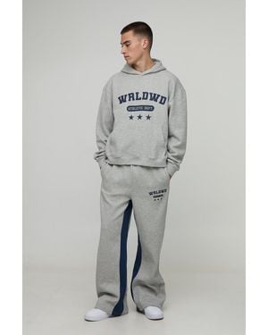 Boohoo Oversized Boxy Worldwide Star Varsity Hooded Gusset Tracksuit - Grey