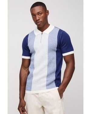 BoohooMAN Short Sleeve Muscle Fit Color Block Knit Polo - Blue