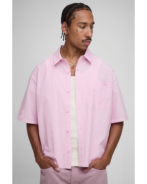 BoohooMAN Oversized Embroidered Micro Flannel Shirt - Pink