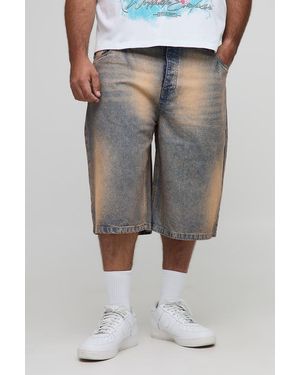 BoohooMAN Plus Relaxed Fit Extreme Tinted Stonewash Longline Jorts - Grau