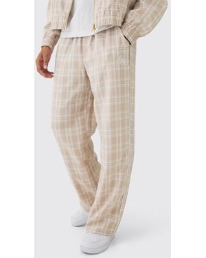 BoohooMAN Elasticated Waist Wide Leg Checked Trousers - Natural