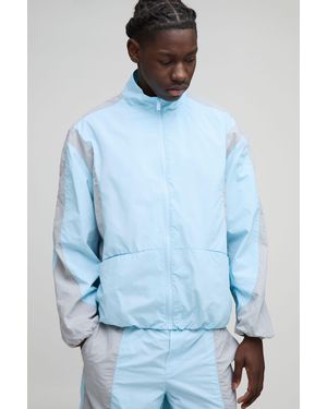 BoohooMAN Regular Fit Ripstop Color Block Funnel Neck Track Jacket - Blue