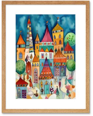 BoohooMAN Artery8 Wall Art Print Town Market Square Afternoon Shoppers Folk Art Watercolour Painting Artwork Framed 9x7 Inch - Blue