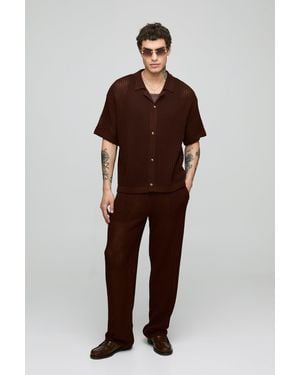 Boohoo Oversized Revere Knitted Shirt & Relaxed Trouser Set - Brown