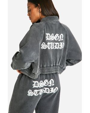 BoohooMAN Dsgn Studio Applique Washed Zip Through Bomber Sweatshirt - Grey
