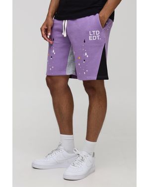 Boohoo Oversized Ltd Edt Paint Splatter Mid Length Gusset Shorts - Purple