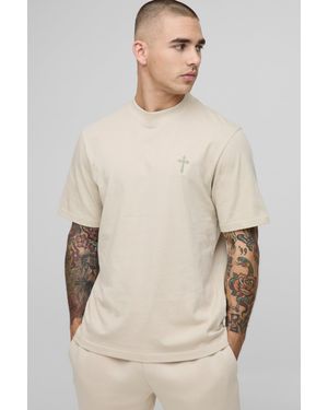 BoohooMAN Regular Fit Embroidered Cross Extended Neck T-Shirt - Natural
