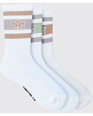 Boohoo 3 Pack Stripe Jacquard Ofcl Badge Sport Socks - White
