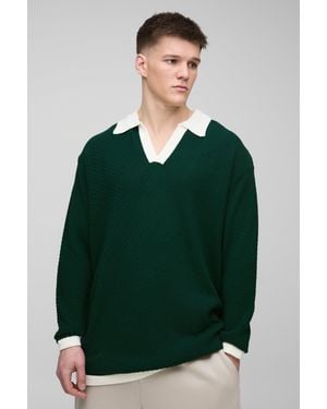 BoohooMAN Tall langärmliges Oversize Poloshirt mit Kontrast-Kragen - Grün