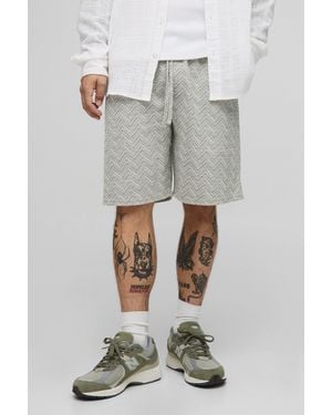 Boohoo Pantalón Corto Recto De Tejido Bouclé En Zigzag Con Cintura Elástica - Gris