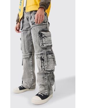 BoohooMAN Baggy Rigid Multi Cargo Pocket Strap Detail Acid Wash Jeans - Multicolour