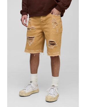 BoohooMAN Relaxed Fit Ripped Overdye Jean Shorts - Natural