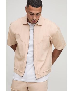 BoohooMAN Oversized Bleach Wash Raw Edge Carpenter Short Sleeve Overshirt - Natural