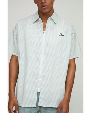 BoohooMAN Sfera Oversized Stripe Embroidered Short Sleeve Shirt - White