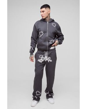 BoohooMAN Tall Oversized Boxy Heart Print Zip Hooded Double Waistband Tracksuit - Blue