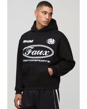 BoohooMAN Oversized Boxy Moto Faux Graphic Hoodie - Black