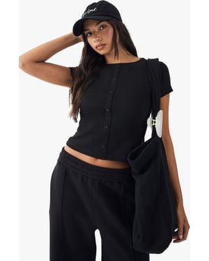 BoohooMAN Dsgn Studio Square Script Embroidered Rib Fitted Button Through Top - Black