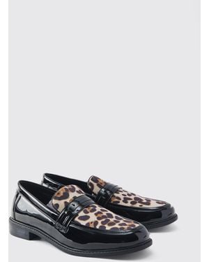 BoohooMAN Leopard Patent Pu Loafers - Black