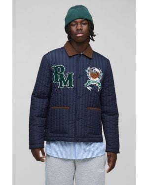 BoohooMAN Regular Lightweight Teddy Applique Quilted Coach Jacket - Blue