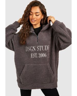 BoohooMAN Dsgn Studio Borg Slogan Half Zip Hoodie - Black